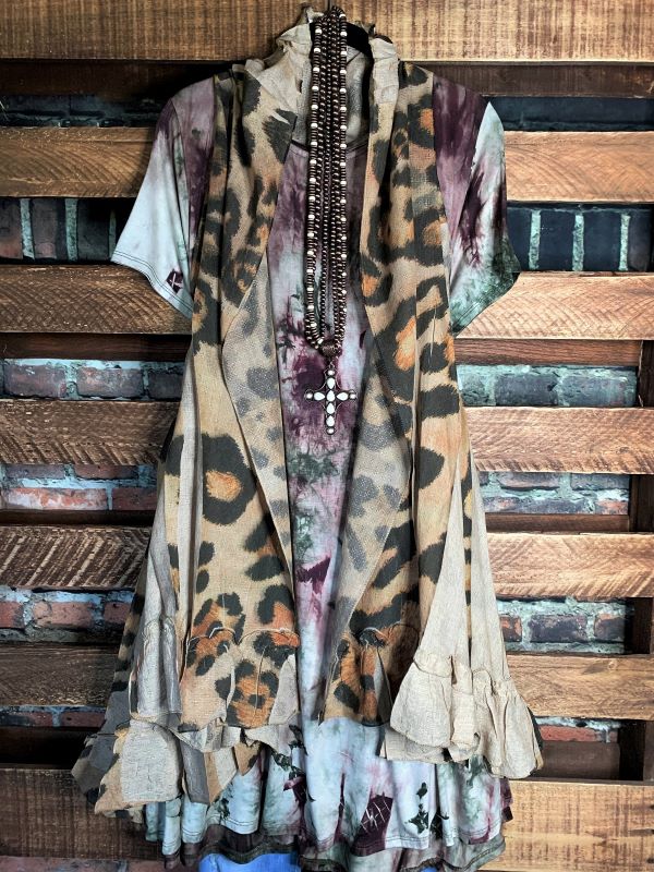 GYPSY BOHO SHABBY OVERSIZED VEST IN LEOPARD & TAUPE