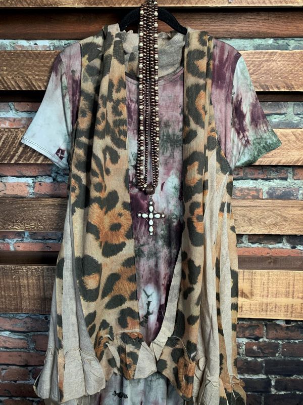 GYPSY BOHO SHABBY OVERSIZED VEST IN LEOPARD & TAUPE