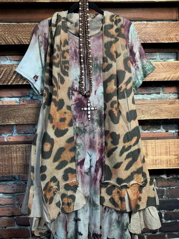 GYPSY BOHO SHABBY OVERSIZED VEST IN LEOPARD & TAUPE