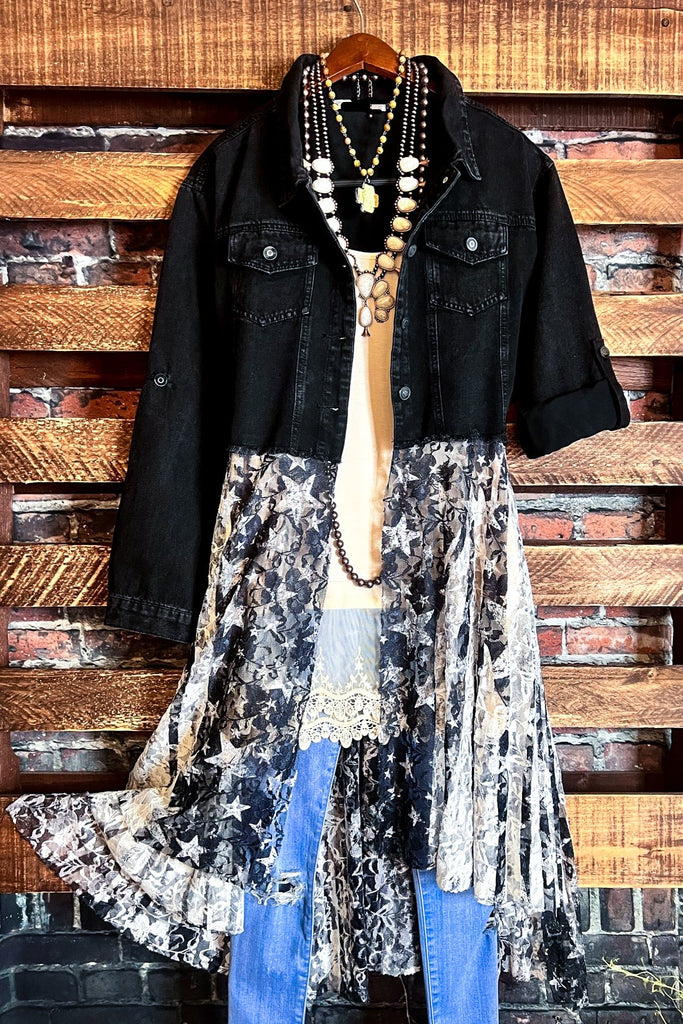 Fairytale Song Stars Lace & Black Denim Midi Jacket Cardi in Black & Ivory