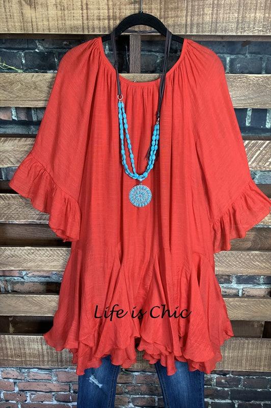 BOHO-HIPPIE SWING OVERSIZED COMFY TUNIC DRESS IN RUST