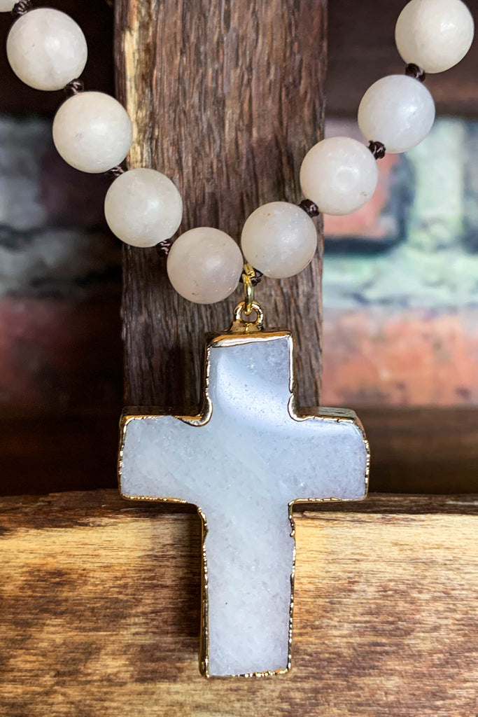 BLUSH TONES NATURAL STONE BEADED CRYSTAL CROSS NECKLACE