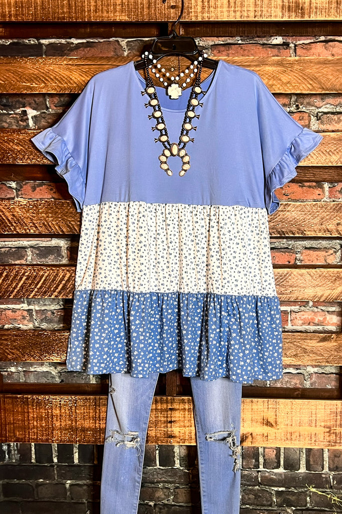 GRACEFUL SIMPLICITY FLORAL BLUE BABYDOLL TOP