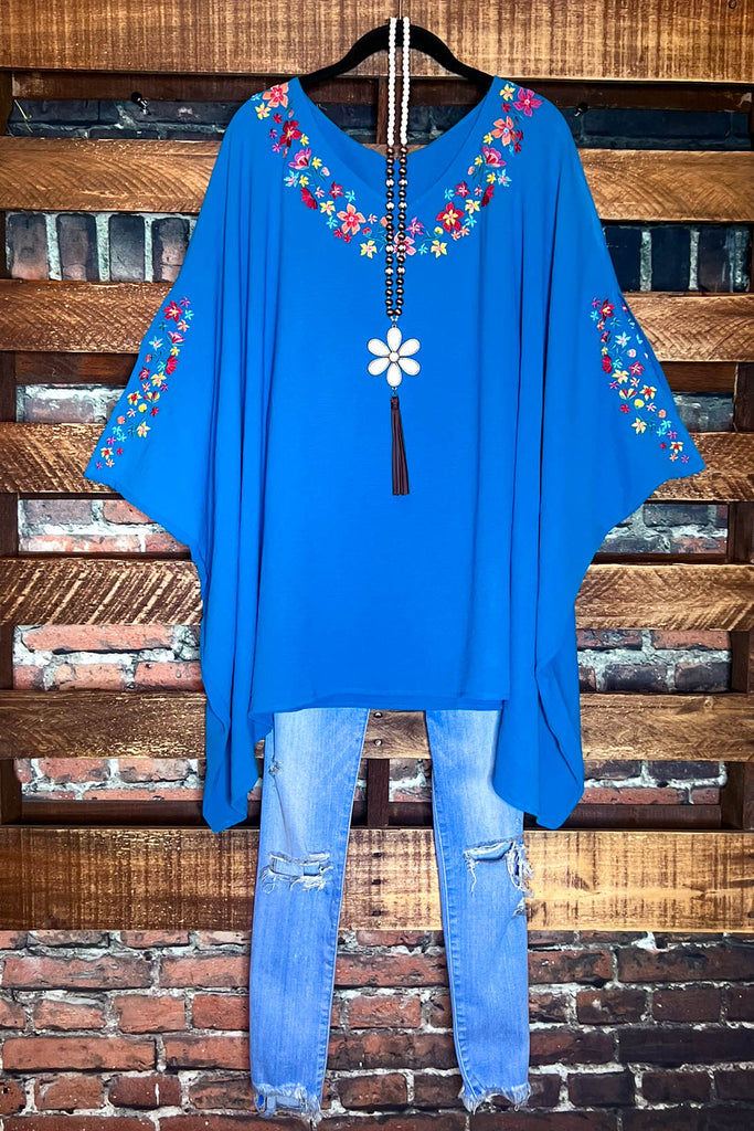 PRETTY PERFECTION EMBROIDERED OVERSIZED TUNIC IN ATLANTIC BLUE