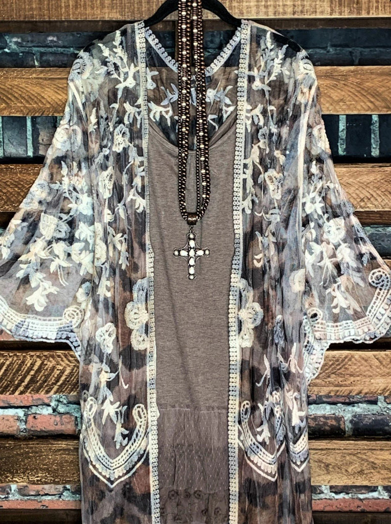 LOVE FOR A LIFETIME LACE BROWN & LEOPARD DUSTER KIMONO