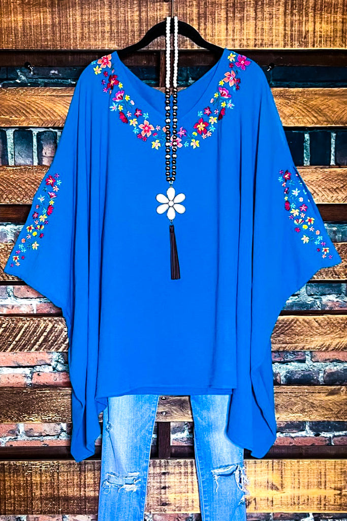 PRETTY PERFECTION EMBROIDERED OVERSIZED TUNIC IN ATLANTIC BLUE