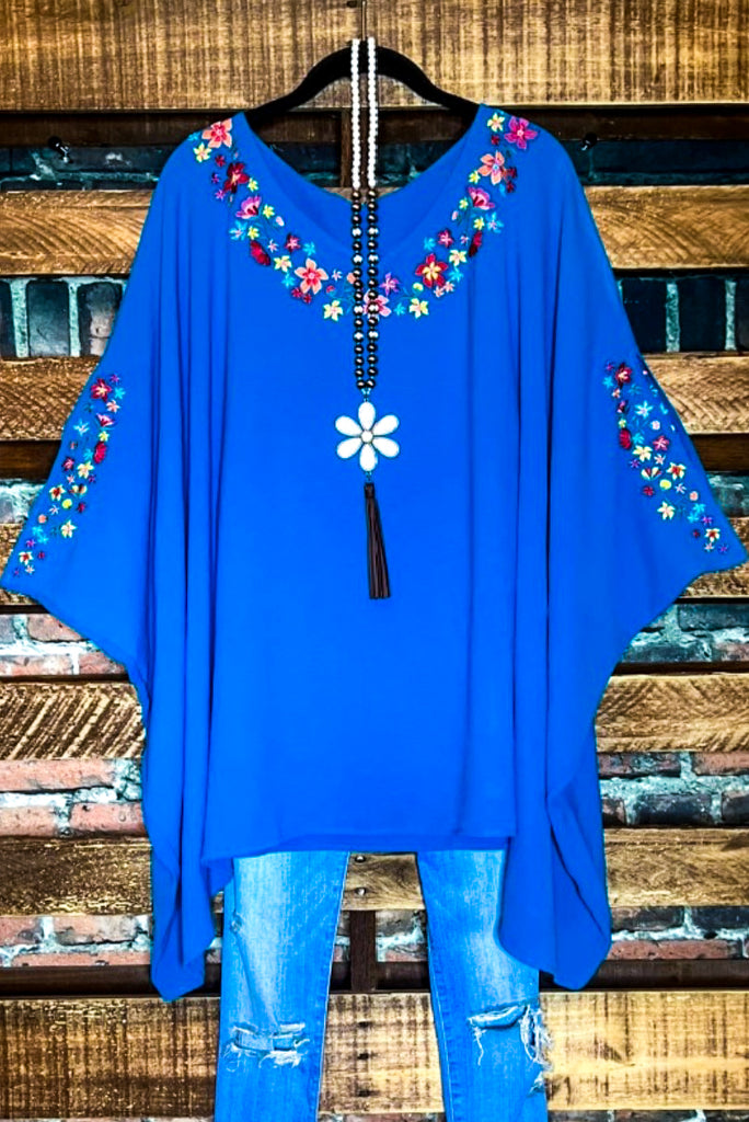 PRETTY PERFECTION EMBROIDERED OVERSIZED TUNIC IN ATLANTIC BLUE