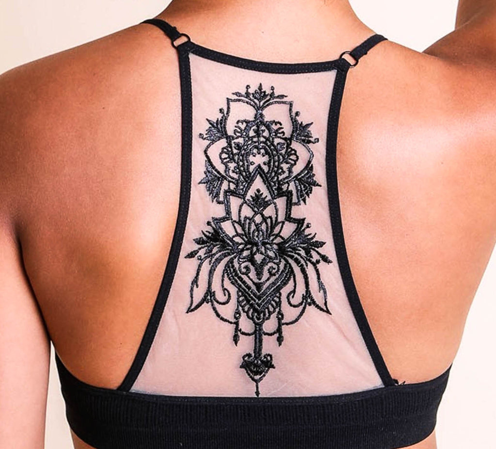SO WONDERFUL TO ME TATTOO MESH BRALETTE IN BLACK – Life is Chic